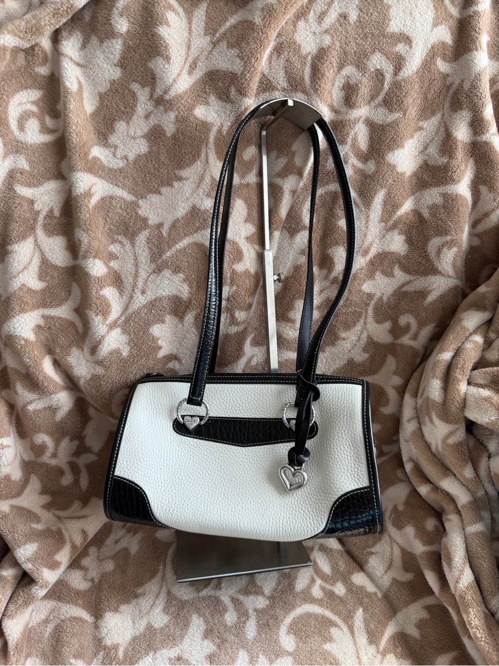 Brighton White Pebble Satchel with Black Trim and Heart Charm